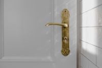 Kaboompics - Antique Gold Door Handle on a White Paneled Door with Reflected Light, Wide View