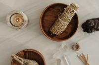 Kaboompics - Minimal Smudging Still Life With Sage Candle And Crystals