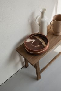 Kaboompics - Wooden Bench with Ceramic Bowl, Vase and Sculptural Mug