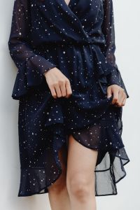 Kaboompics - Fashion Detail of Navy Blue Dress with Sheer Layers and Hands