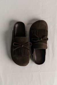 Kaboompics - Pair of Dark Brown Fringe Loafers on White Background