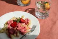 Kaboompics - Summer Food Flat Lay With Pink Pasta and Fruit-Infused Water