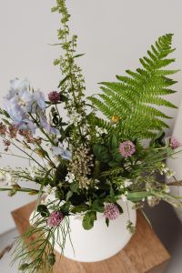 Kaboompics - Close-Up Wildflower Still Life with Fern Leaves and Pale Blue Flowers