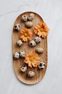 Kaboompics - Overhead Easter Composition of Quail Eggs and Orange Gerberas on Marble