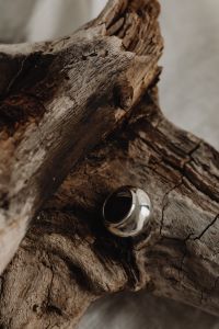 Kaboompics - Statement Silver Ring on Dark Wood, Close-Up Product Photo