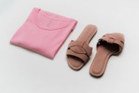 Kaboompics - Pink T-Shirt and Woven Sandals Flat Lay