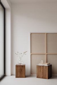 Kaboompics - Glass Vase, Wooden Pedestals and Framed Canvas in Minimalist Interior