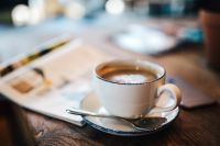 Kaboompics - Cup of Coffee, Magazine, Wooden Desk