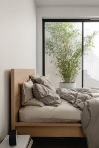 Kaboompics - Minimalist Bed with Gray Bedding and Window
