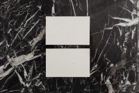 Kaboompics - Two Centered Blank Business Cards on Black Marble, Minimal Vertical Flat Lay