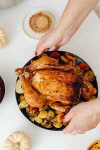 Kaboompics - Golden Roast Turkey with Brussels Sprouts and Carrots on a Platter