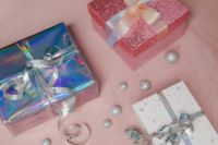 Kaboompics - Pink Christmas Gift Boxes with Silver Baubles Flat Lay