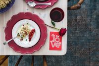 Kaboompics - Romantic Dinner Table with Seafood Pasta, Red Wine, Rose and Love Card