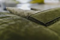 Kaboompics - Close-Up of Olive Green Velvet Sofa with Coordinating Neutral Cushions