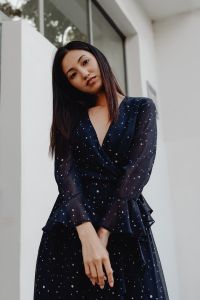 Kaboompics - Close-Up Asian Fashion Portrait in Navy Polka Dot Dress with White Architecture