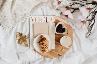 Kaboompics - White Blossoms, Coffee Beans and Croissant on a Tray