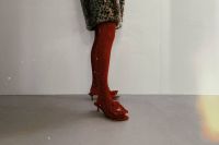 Kaboompics - Red Tights and Floral Heeled Sandals on a Minimal White Background