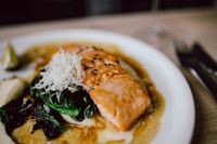 Kaboompics - Macro Bourbon Glazed Salmon with Spinach and Creamy Sauce, Healthy Dinner
