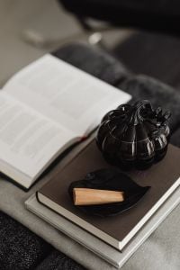 Kaboompics - Black Pumpkin on Stacked Books With Open Book