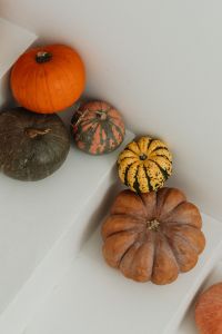 Kaboompics - Autumn Pumpkins on a White Staircase with Copy Space
