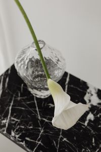 White Calla Lily Still Life on Black Marble: Minimalist Interior Styling and Floral Backgrounds