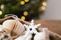 Kaboompics - White Christmas Ornament with Fir Branch and Golden Bokeh