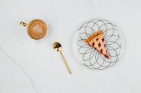 Kaboompics - Overhead Cappuccino with Blueberry Pie and Gold Spoon