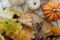Kaboompics - White and Orange Pumpkins with Oak Leaves on a Wooden Board