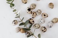 Kaboompics - Overhead Quail Egg Flat Lay with Eucalyptus and Marble Copy Space