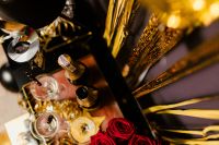 Kaboompics - Overhead Champagne and Rose Party Setup with Gold Decor and Draped Curtains