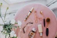 Kaboompics - Makeup Brushes, Mascara and Perfume on Pink Velvet