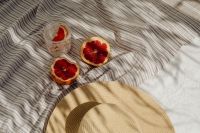 Kaboompics - Overhead Summer Flat Lay with Grapefruit Drink, Citrus and Beach Towel