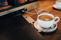 Kaboompics - Book, Cup of Coffee, Wooden Desk