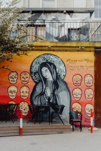 Kaboompics - Virgin Mary and Sugar Skull Street Art Mural at LX Factory, Lisbon, Portugal