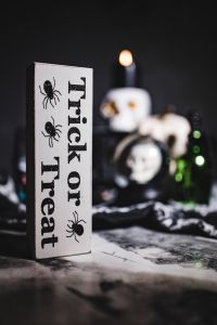 Moody Halloween Decorations with Trick-or-Treat Candy, Skulls and White Pumpkins
