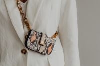 Kaboompics - Small Snake Print Crossbody Bag with Gold Chain over White Blazer