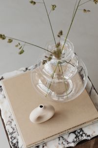 Kaboompics - Close-Up Glass Vase with Dried Stems on Art Books and Marble Surface
