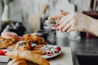 Kaboompics - Croissants and Raspberry Buns with Powdered Sugar and Copy Space