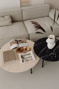 Kaboompics - Greige Linen Sofa and Black Marble Side Table with Pampas Grass and Books