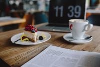 Kaboompics - Macbook, iPhone, Magazine, Cheese Cake and Cup of Coffee