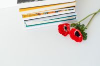Kaboompics - Overhead Books and Two Red Poppies on a White Table