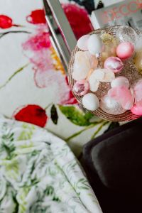 Easter Table Decor and Spring Holiday Still Life with Pastel Eggs, Bunny Ornaments, Florals and Elegant Place Settings