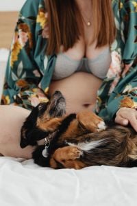 Kaboompics - Pregnant Woman in Floral Robe with Dog on Her Lap