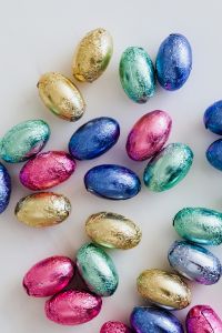 Kaboompics - Overhead View of Scattered Foil Easter Eggs in Bright Colors