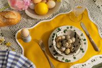 Kaboompics - Quail Eggs in Green Polka Dot Bowl on Yellow Easter Place Setting