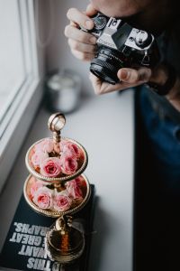 Kaboompics - Hands Holding a Silver Canon Camera Beside a Pink Rose Display