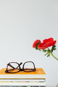 Kaboompics - Reading Glasses on Yellow Book beside a Red Poppy Vase
