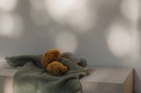 Kaboompics - Natural Sea Sponges on Green Textured Towel and White Pedestal