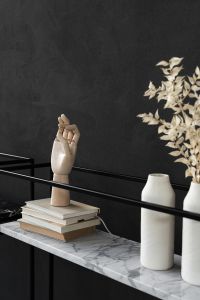 Kaboompics - White Ceramic Vases and Dried Branch on Black Marble Console Table, Overhead View
