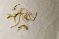 Kaboompics - Pearl Strand and Dried Leaves on Cream Fabric with Copy Space